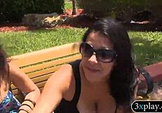 Two Sexy Brunettes Flash Big Tits for Cash Outdoors