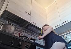 Big ass babe cleans in lingerie