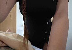 Dude goons hard in salon as masseuse deepthroats and rides his tight pussy grip