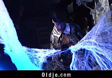 grandpa enjoys teen's halloween bent over blowjob and doggystyle