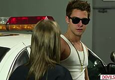 guy rams throat of brunette police slut deep