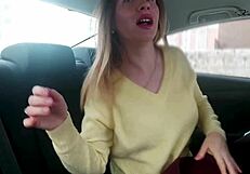 Cute shemale jerks wet pussy in fetish taxi ride