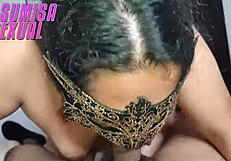 sucking my owner's cock between huge marked tits