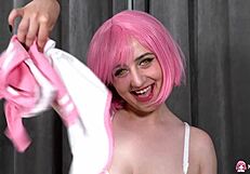 pink haired fuck doll rada brewer shoves huge dildo in shaved pussy