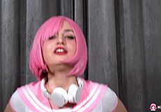 pink haired fuck doll rada brewer shoves huge dildo in shaved pussy