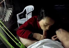 Tight pussied tattooed babe delivers epic hammock blowjob on monster cock