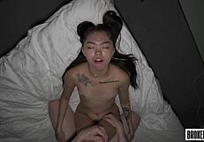Tiny asian teen bent over bed takes rough doggystyle creampie in petite pussy from monster cock