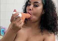 my client begs me to ride this dildo in shower squirting my shaved pussy wet