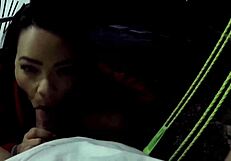 Tight pussied tattooed babe delivers epic hammock blowjob on monster cock