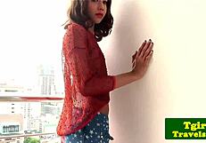 petite ladyboy mj chills on balcony playing with her body casually