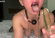 blonde gags on dildo deepthroat with nipple clamps and ballgag