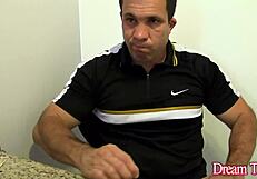 Blonde tranny Carol Penelope sucks cocks bareback then takes anal from two guys