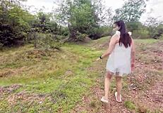 thai babe hikes skirt in forest, fingers her tight pussy publicly while moaning your name