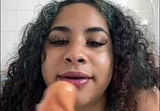 my client begs me to ride this dildo in shower squirting my shaved pussy wet