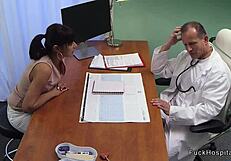 Tanned brunette sneaks blowjob and fuck with doctor in hospital room