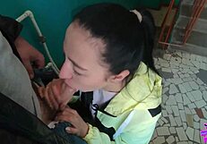 blowjob on public staircase so risky and hot