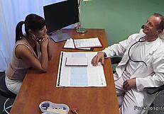 Tanned brunette sneaks blowjob and fuck with doctor in hospital room