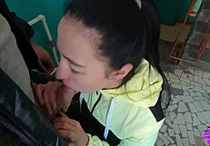 blowjob on public staircase so risky and hot