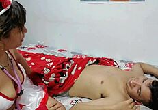 Stepmom's nurse endures hard pounding before mouth creampie explosion