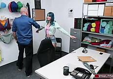 the lp officer spots the teen shoplifter and bends her over his desk for a hard fuck