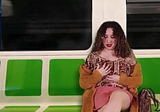 flashing my natural tits and fingering wet pussy on public train