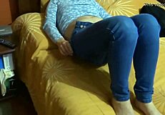 Watch my excited milf wife drop jeans masturbate hairy pussy then get fucked hard!