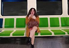 flashing my natural tits and fingering wet pussy on public train