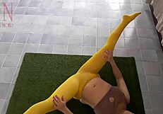 bare pussy flashing! regina noir yoga bends in yellow gym tights