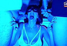 Wife slurps two cocks in mmf cuckold threesome, full neon cumshot scene?