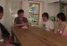 Yu shinoda slurps two cocks in wild japanese group facial frenzy