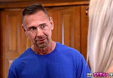 Naughty stepdaughter teases stepdaddy's monster cock with shaved pussy lips