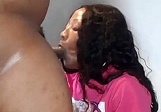 she kneels sucking his throbbing big black cock before he rips her clothes and pounds wet ebony milf pussy raw