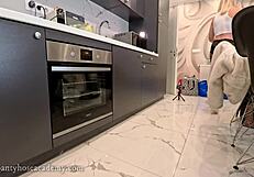 Hot Blonde Wife Exposes Tight Pussy Drops Sheer Pantyhose Kitchen