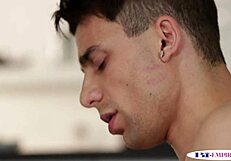 Bisexual studs spitroast pussy in threeway blowjob cum stockings