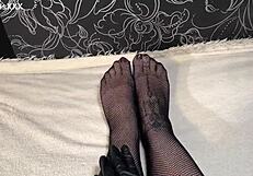 Anna's Black Gloves Fishnets Fingering Ass Pussy Closeup