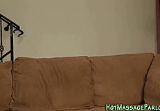 small tits tattooed masseuse sucks and guzzles cock in heels