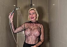 blonde babe with huge tits tries on see-through shower clothes wet and dry
