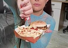 mmm my big ass brunette plays with junk food spitting on pigtails 😜🍔