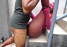 Black couple licks big asses outdoors leading to intense pussy riding on stairs