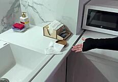 Young 18+ Stocking Landlady Fucks for Rent Money After Long Drought