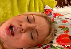 blonde small tits slammed by anal strapon in pink shaved pussy!