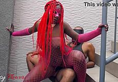 Black couple licks big asses outdoors leading to intense pussy riding on stairs