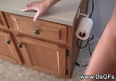 Girlfriend squirts hard while getting fucked by friend in tight bathroom space