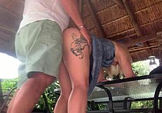 Blonde neighbor's upskirt pussy fucked to creampie