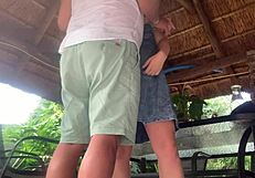 Blonde neighbor's upskirt pussy fucked to creampie