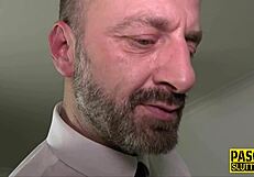 that bound submissive slut gags hard on sloppy deepthroat cock while choked in bdsm bondage toys