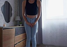 oh god she's crying in desperation peeing her jeans and panties right next door real teen neighbor accident!!