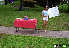 Pervert pounds sexy teen Alicia Reigns' narrow ass pussy on sofa with monster cock deepthroat fingering