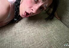 Stepdad instructs skinny stepdaughter fucking two cocks creampie before Halloween party