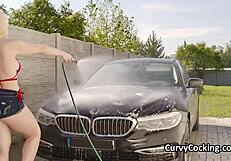 Busty bikini girlfriend craves hard dick after soapy car wash